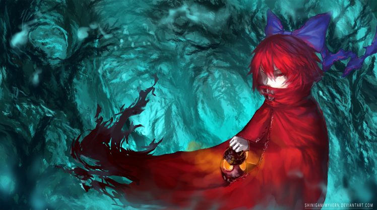 touhou, Blue, Bow, Cape, Forest, Red, Eyes, Red, Hair, Ribbons, Sekibanki, Short, Hair, Tagme, Touhou, Tree HD Wallpaper Desktop Background