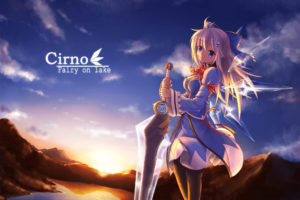 touhou, Blue, Eyes, Bow, Cirno, Cleavage, Clouds, Dress, Gray, Hair, Langbazi, Signed, Sky, Sunset, Sword, Touhou, Weapon, Wings