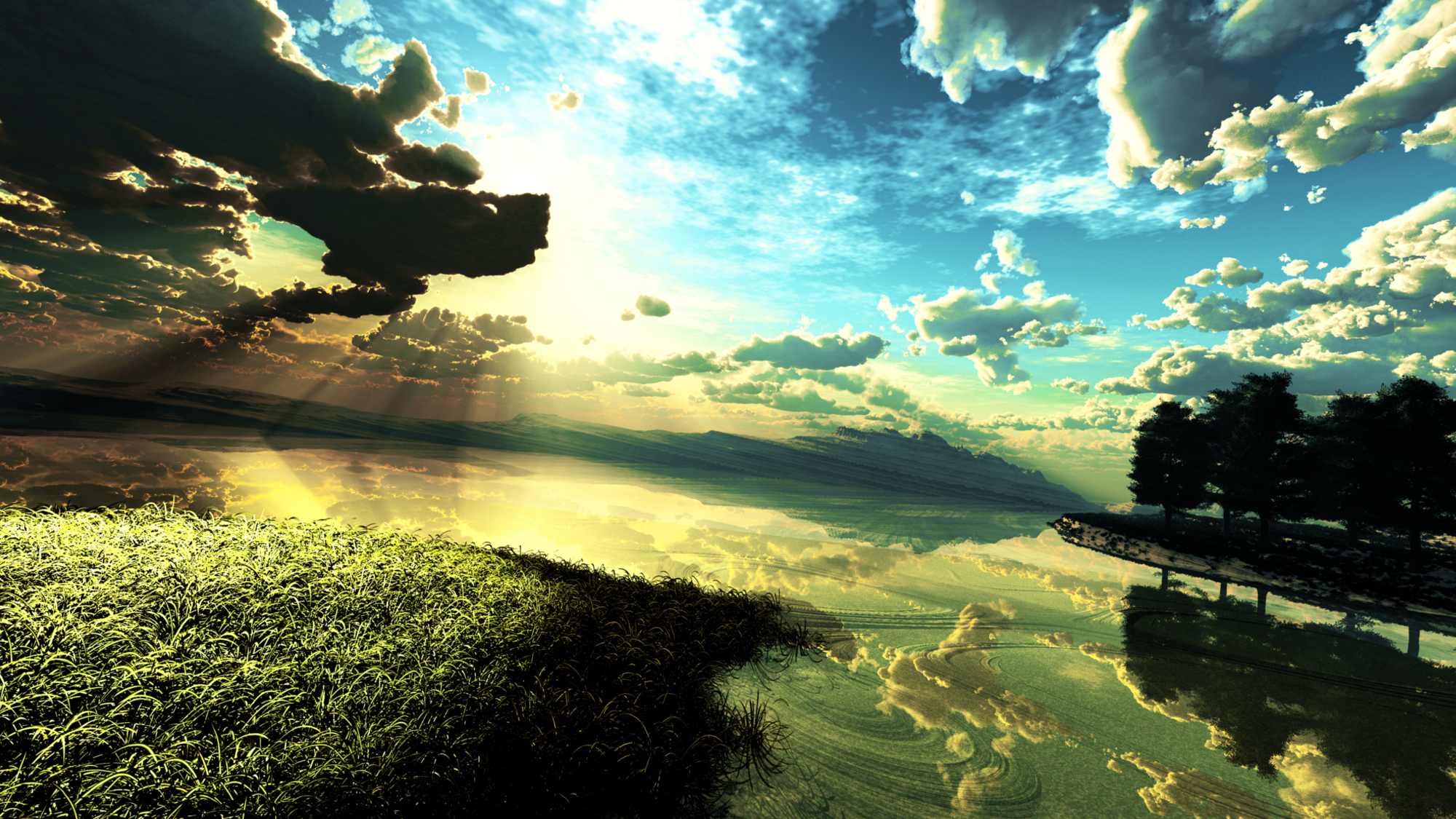 3d, Clouds, Grass, Landscape, Original, Scenic, Sky, Tree, Water, Y k, Reflection, Bokeh Wallpaper