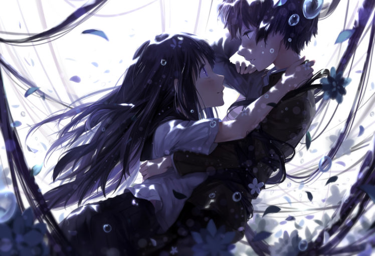 hyouka, Black, Hair, Bubbles, Chitanda, Eru, Cici, Flowers, Hyouka, Long, Hair, Oreki, Houtarou, Petals, Tagme HD Wallpaper Desktop Background