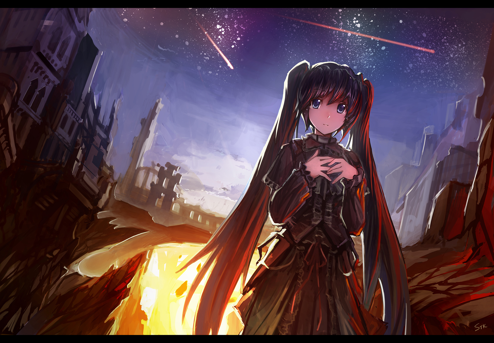 vocaloid, Black, Hair, Blue, Eyes, Dress, Goth loli, Hatsune, Miku, Long, Hair, Stars, Stk, Twintails, Vocaloid Wallpaper