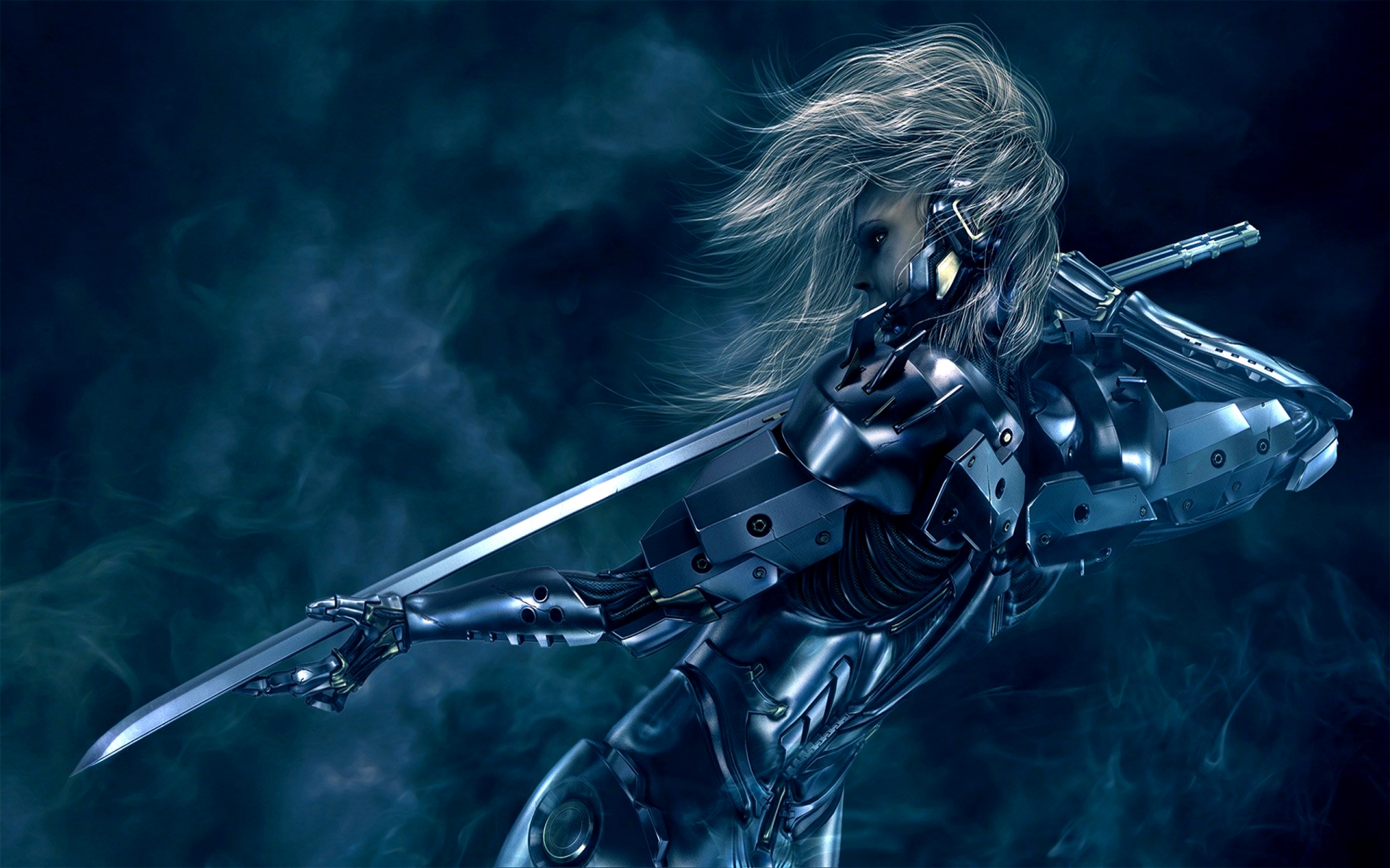 metal, Gear, Solid, Rising, Raiden, Sci, Fi, Science, Fiction, Warriors, Soldiers, Robot, Cyborg, Mech, Tech, Weapons, Sword, Katana, Women, Females, Girls, Blondes, Shine, Chrome, Aluminum, Steel, Blue, Monochro Wallpaper