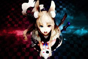 nil, Mangaka, 1920x1200, Wallpaper, Blue, Eyes, Checkered, Checkered, Background, Eyepatch, Female, Heterochromia, Open, Mouth, Red, Eyes, Solo, Stuffed, Rabbit, Stuffed, Toy, Sword, Weapons, Widescreen, 16 10, R