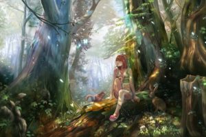 nature, Forest, Animals, Squirrels, Rabbits, Anime, Anime, Girls, Art, Fantasy