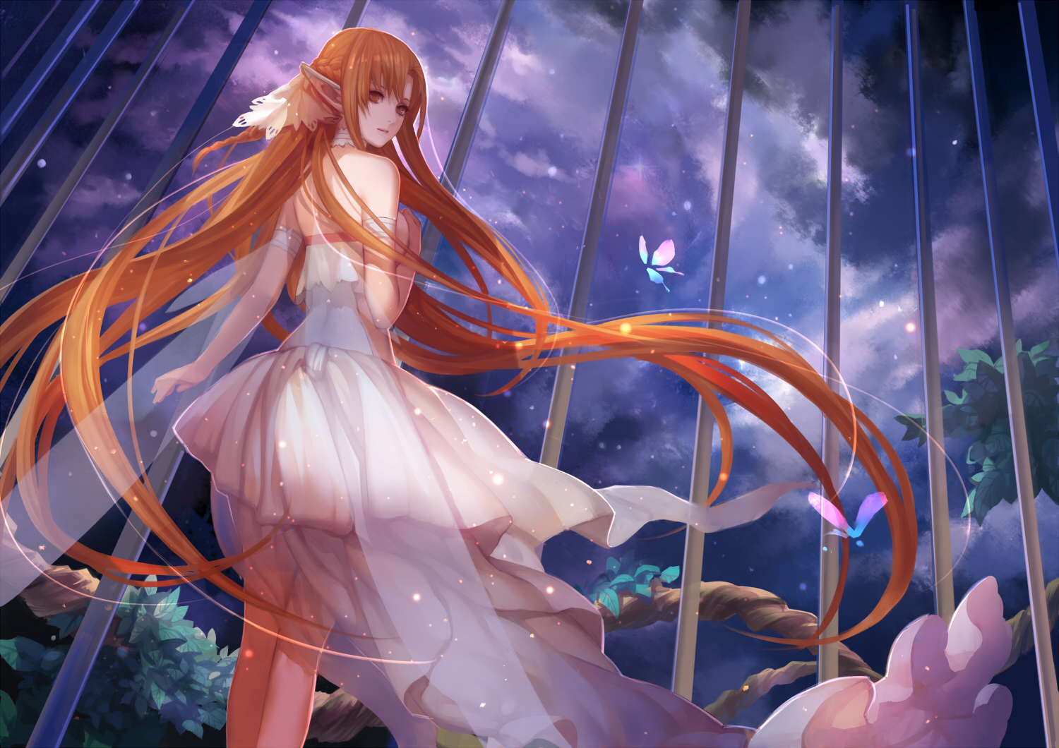 sword, Art, Online, Fantasy, Elf, Butterfly, Girl, Redhead, Cage, Sky, Stars, Anime Wallpaper