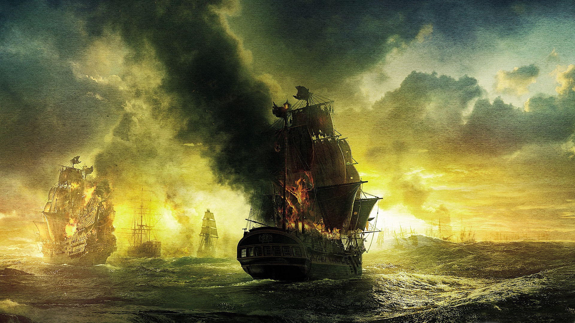 pirates, Of, The, Caribbean, Fantasy, Art, Ocean, Sea, Ships, Galleon, Fire, War, Battles Wallpaper