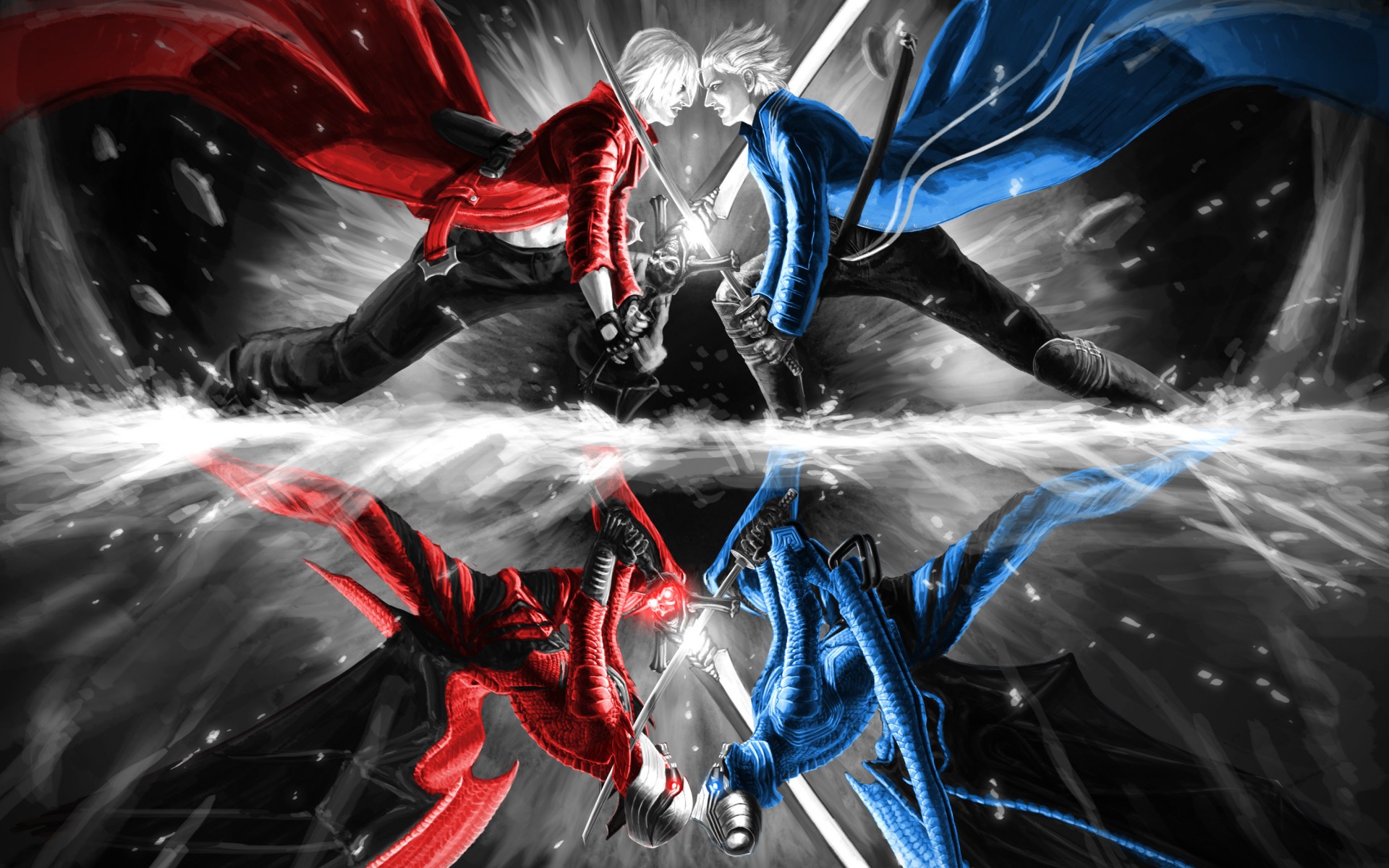 devil, May, Cry, Dante, Battle, Weapons, Swords, Men, Males, Boys, Reflection Wallpaper