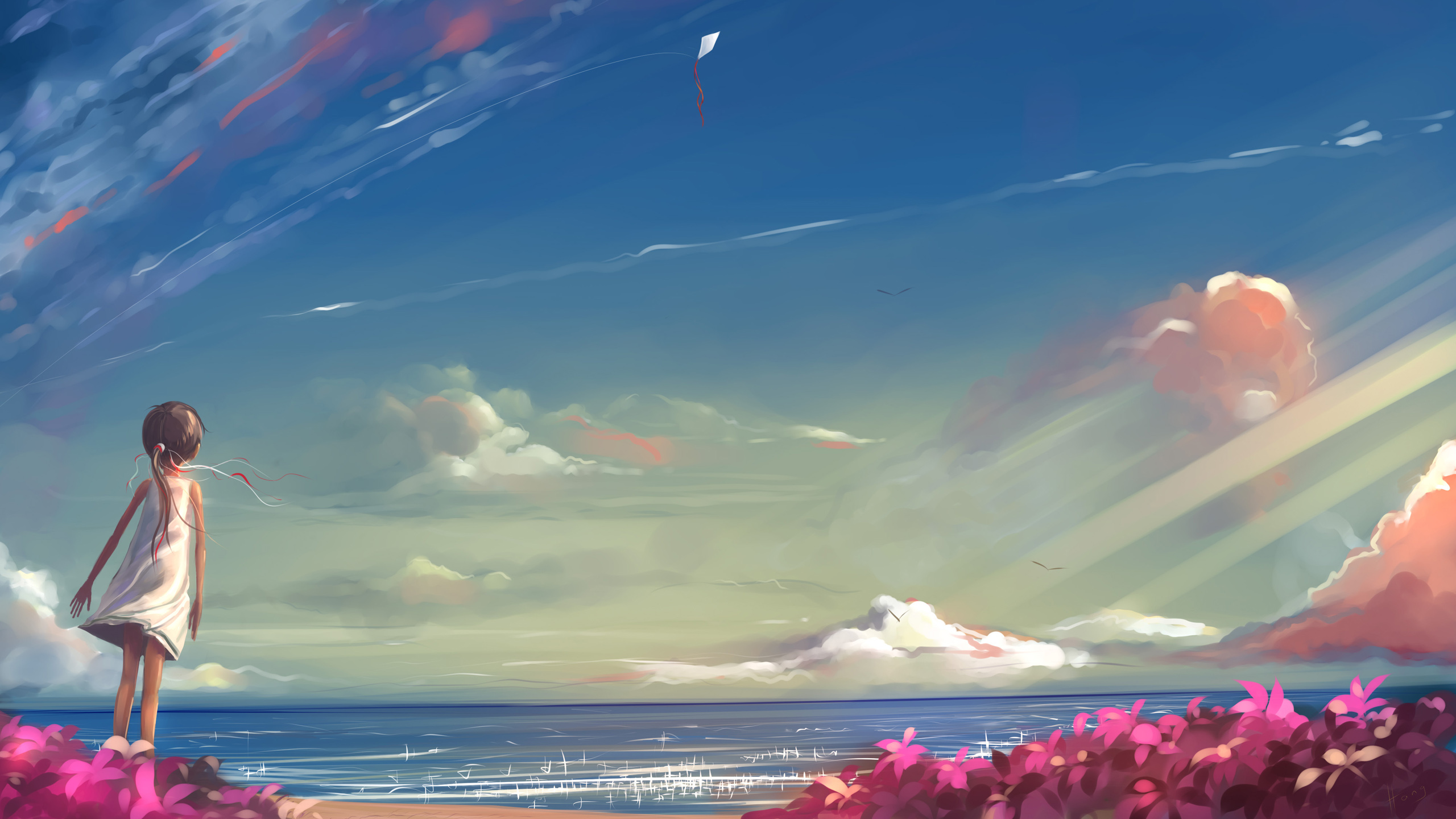 anime, Drawing, Clouds, Kite, Ocean, Beach, Child, Original, Sky, Flowers, Girl Wallpaper