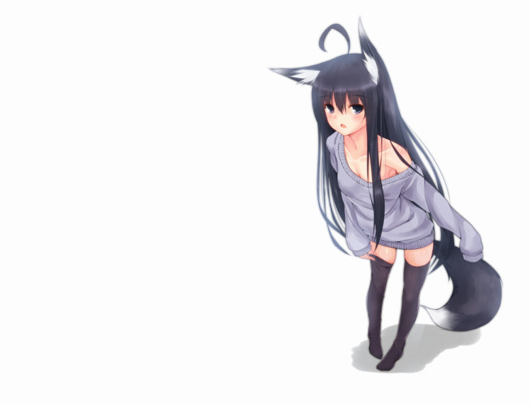 animal, Ears, Black, Eyes, Black, Hair, Foxgirl, Gray, Eyes, Original, Second, Heaven, Stockings, Tail, White HD Wallpaper Desktop Background