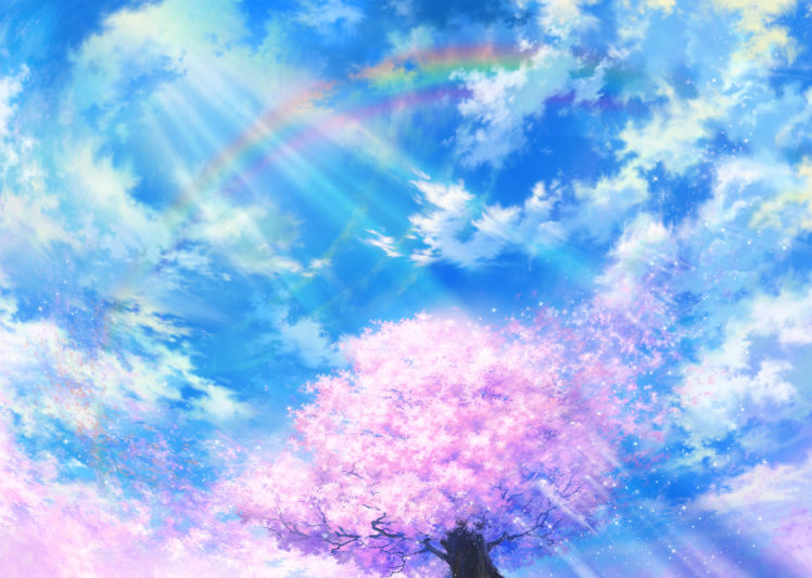 cherry, Blossoms, Clouds, Iy, Tujiki, Original, Petals, Rainbow, Scenic, Sky, Tree HD Wallpaper Desktop Background