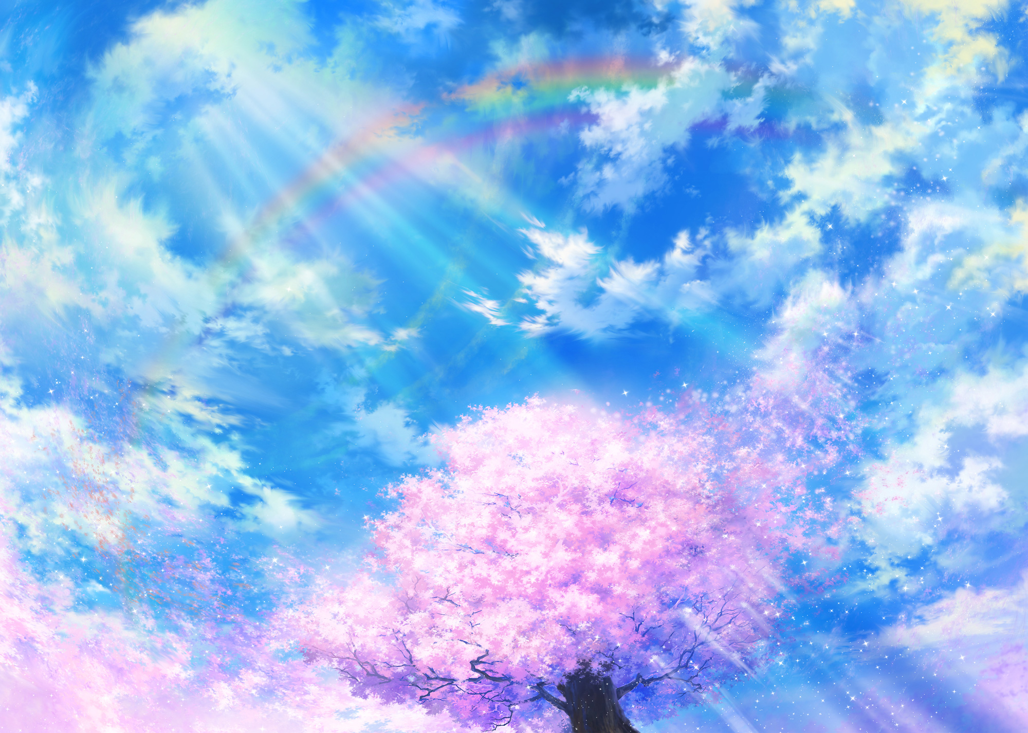 cherry, Blossoms, Clouds, Iy, Tujiki, Original, Petals, Rainbow, Scenic, Sky, Tree Wallpaper