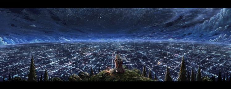 blonde, Hair, City, Clouds, Cola,  gotouryouta , Grass, Landscape, Night, Original, Scenic, Sky, Stars, Tree HD Wallpaper Desktop Background