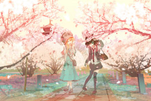 girls, Cherry, Blossoms, Maribel, Han, Petals, Shinta,  hmmuk , Touhou, Usami, Renko