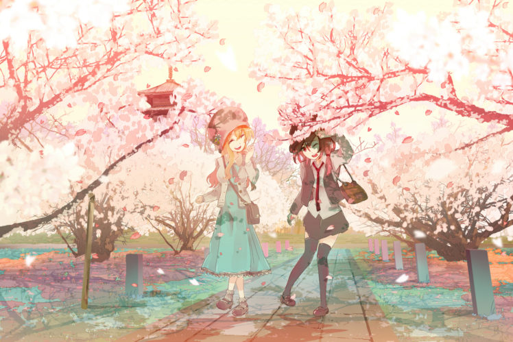 girls, Cherry, Blossoms, Maribel, Han, Petals, Shinta,  hmmuk , Touhou, Usami, Renko HD Wallpaper Desktop Background