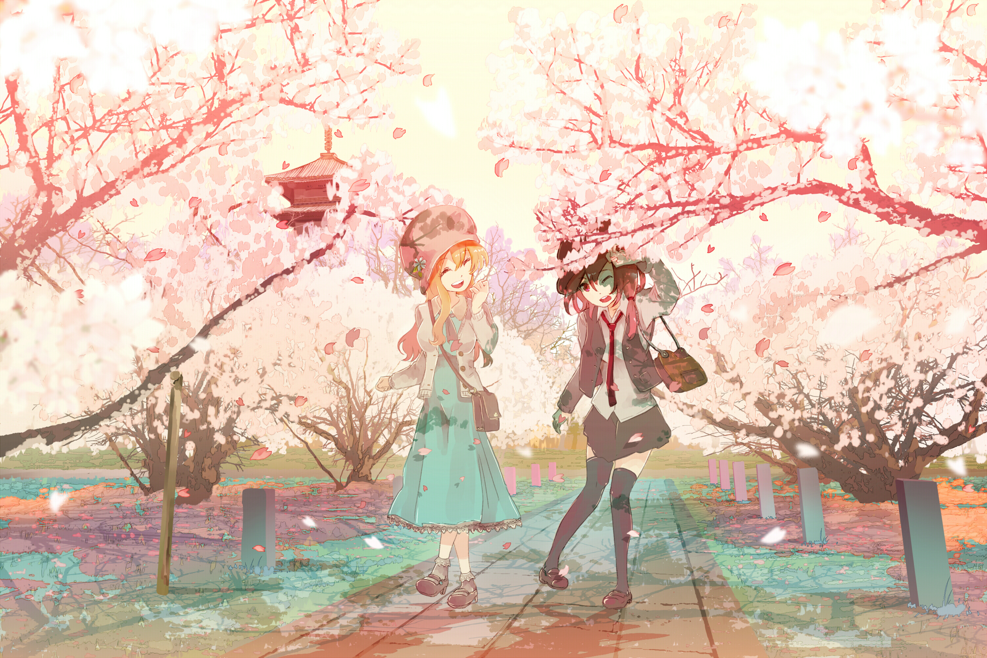 girls, Cherry, Blossoms, Maribel, Han, Petals, Shinta,  hmmuk , Touhou, Usami, Renko Wallpaper