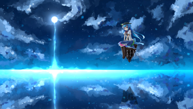 blue, Hair, Boots, Clouds, Hat, Hinanawi, Tenshi, Long, Hair, Moon, Night, Red, Eyes, Shuizao,  little, Child , Skirt, Sky, Touhou, Water HD Wallpaper Desktop Background