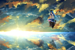 blue, Hair, Boots, Clouds, Hat, Hinanawi, Tenshi, Long, Hair, Red, Eyes, Shuizao,  little, Child , Skirt, Sky, Sunset, Touhou, Water