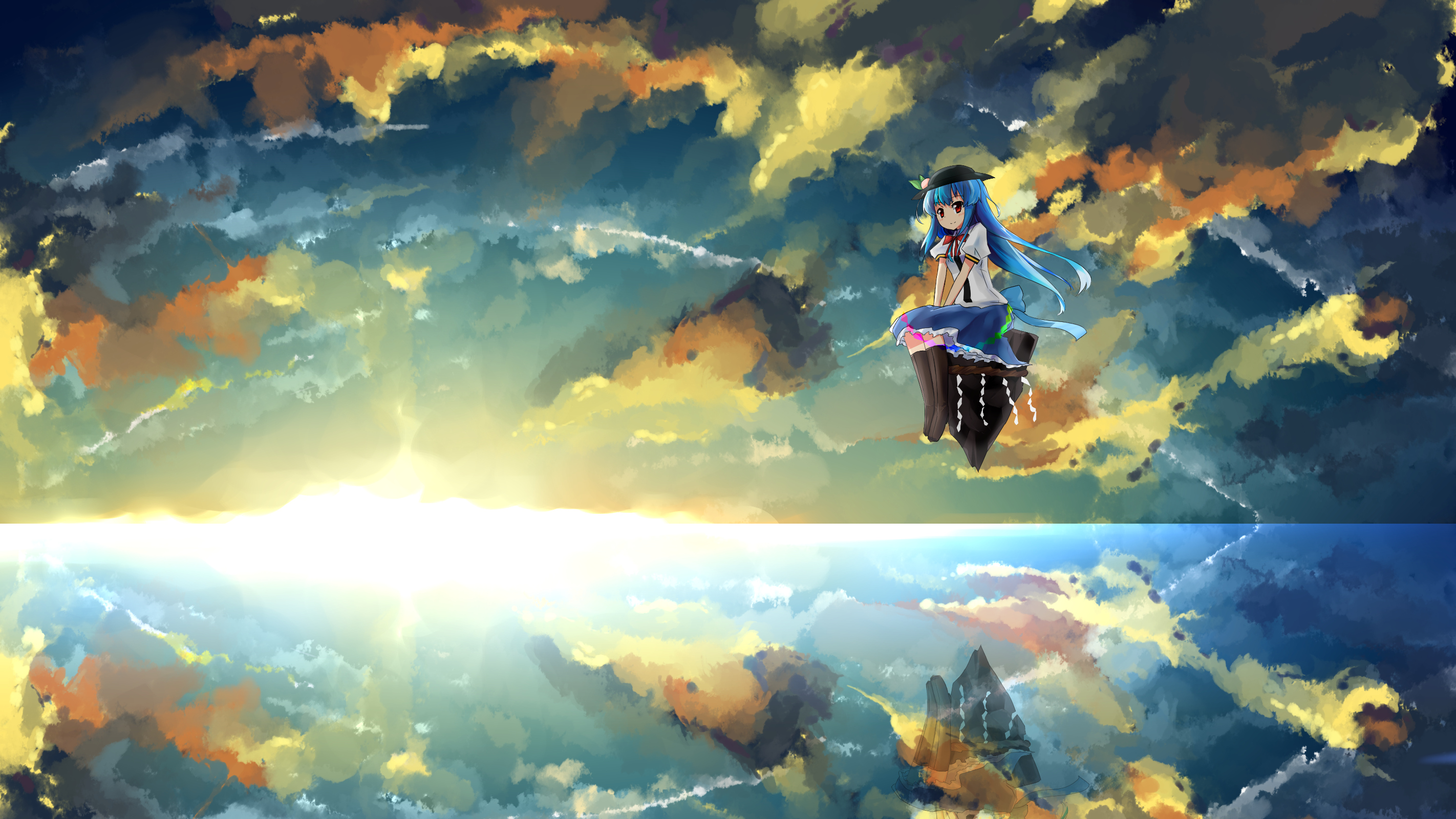 blue, Hair, Boots, Clouds, Hat, Hinanawi, Tenshi, Long, Hair, Red, Eyes, Shuizao,  little, Child , Skirt, Sky, Sunset, Touhou, Water Wallpaper