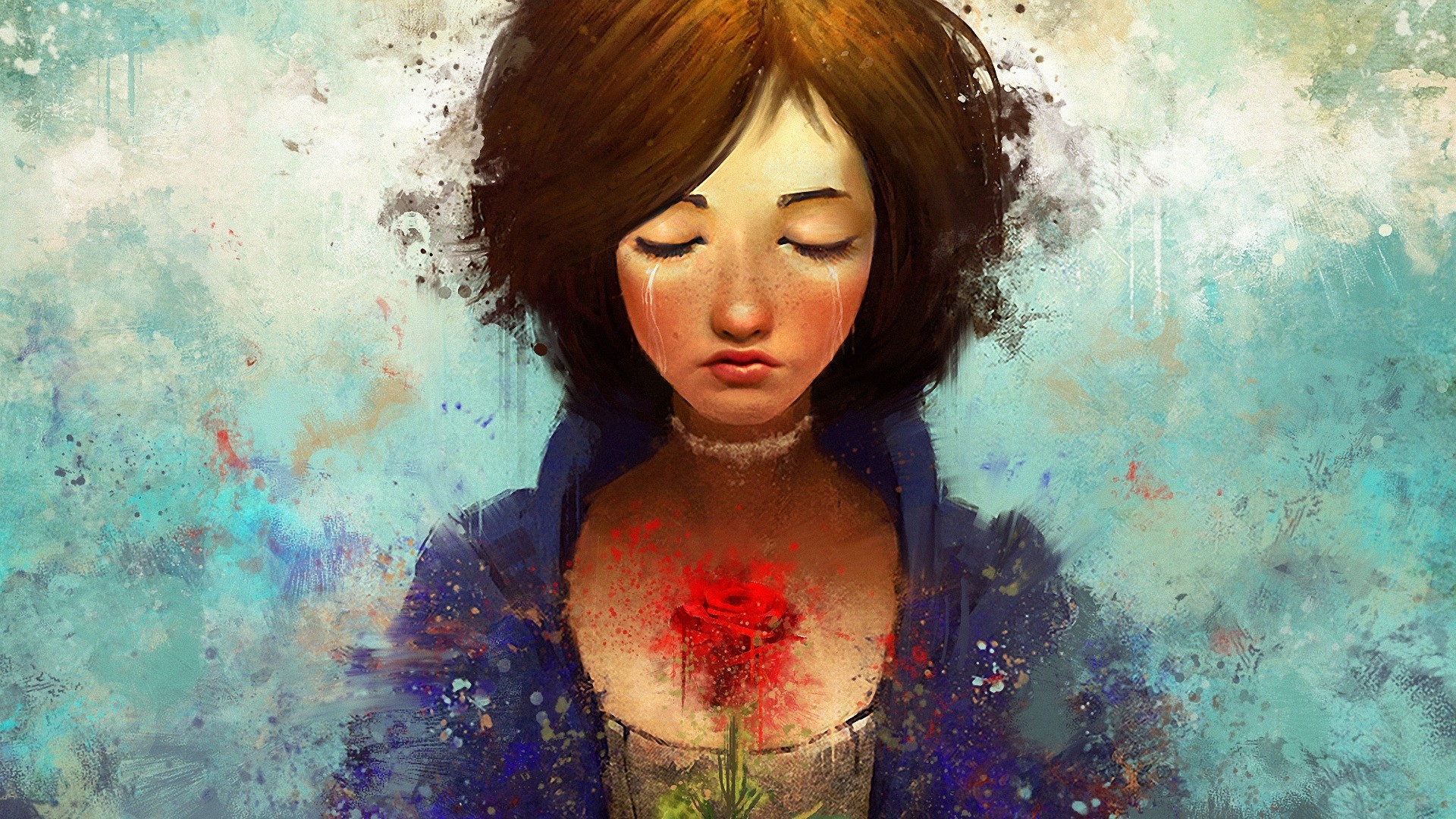 bioshock, Bioshock, Infinite, Cry, Sad, Brunette, Drawing, Face, Rose, Flower Wallpaper