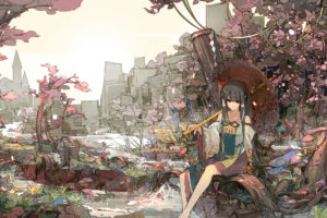 hakurei, Reimu, Japanese, Clothes, Sakura, Sora, Touhou, Tree, Water