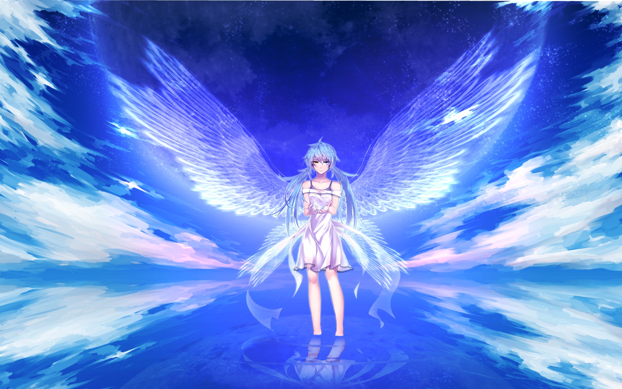 angel, Aqua, Hair, Bicolored, Eyes, Blue, Blue, Hair, Clouds, Dress, Hatsune, Miku, Sky, Takka, Twintails, Vocaloid, Water, Wings Wallpaper