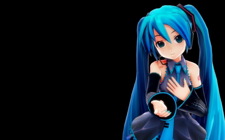 black, Blue, Hair, Green, Eyes, Hatsune, Miku, Headphones, Long, Hair, Twintails, Vocaloid HD Wallpaper Desktop Background