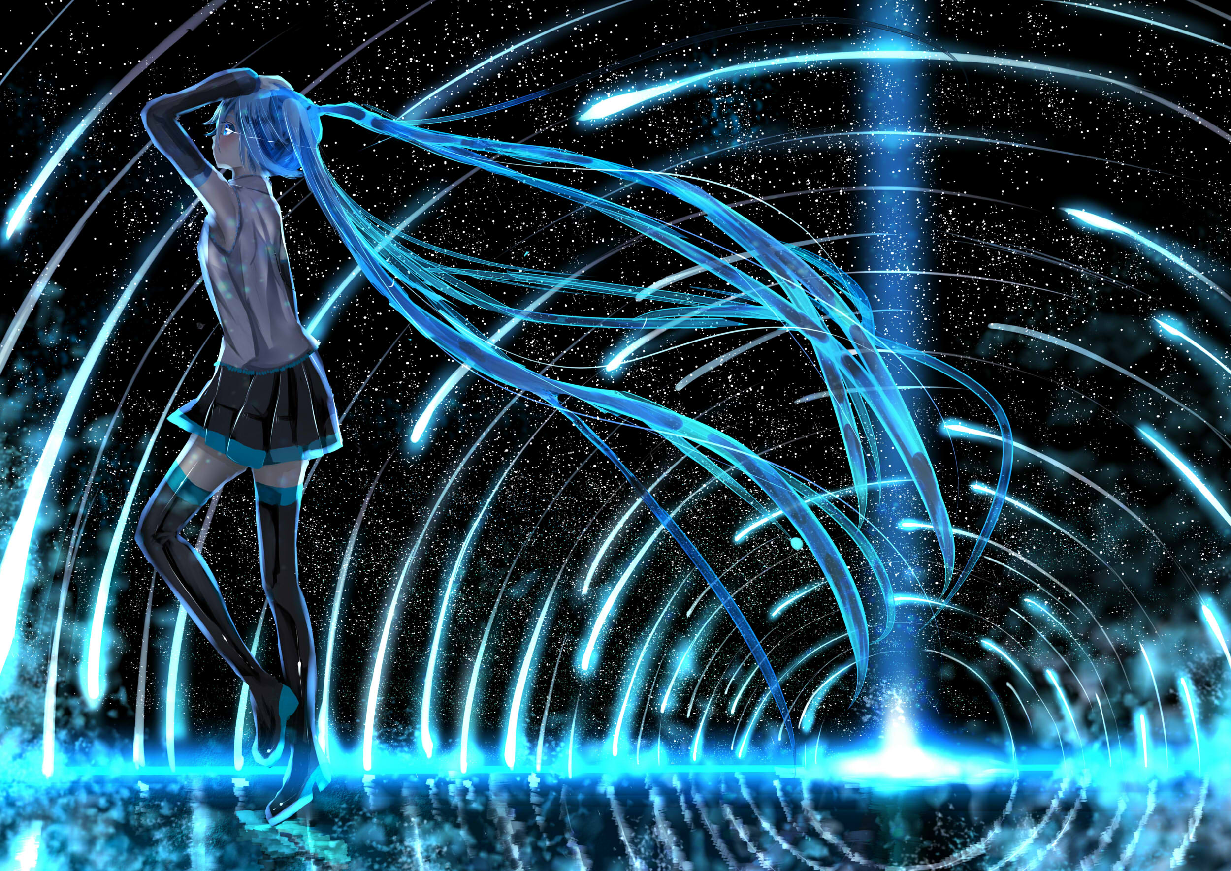 blue, Eyes, Blue, Hair, Crying, Hatsune, Miku, Long, Hair, Skirt, Sky, Stars, Tagme,  artist , Tears, Thighhighs, Twintails, Vocaloid Wallpaper