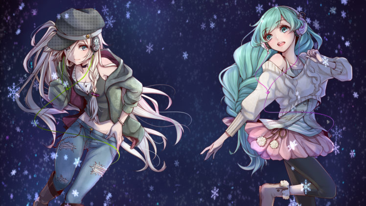 boots, Hat, Hatsune, Miku, Headphones, Ia, Long, Hair, Masami, Chie, Snow, Vocaloid HD Wallpaper Desktop Background