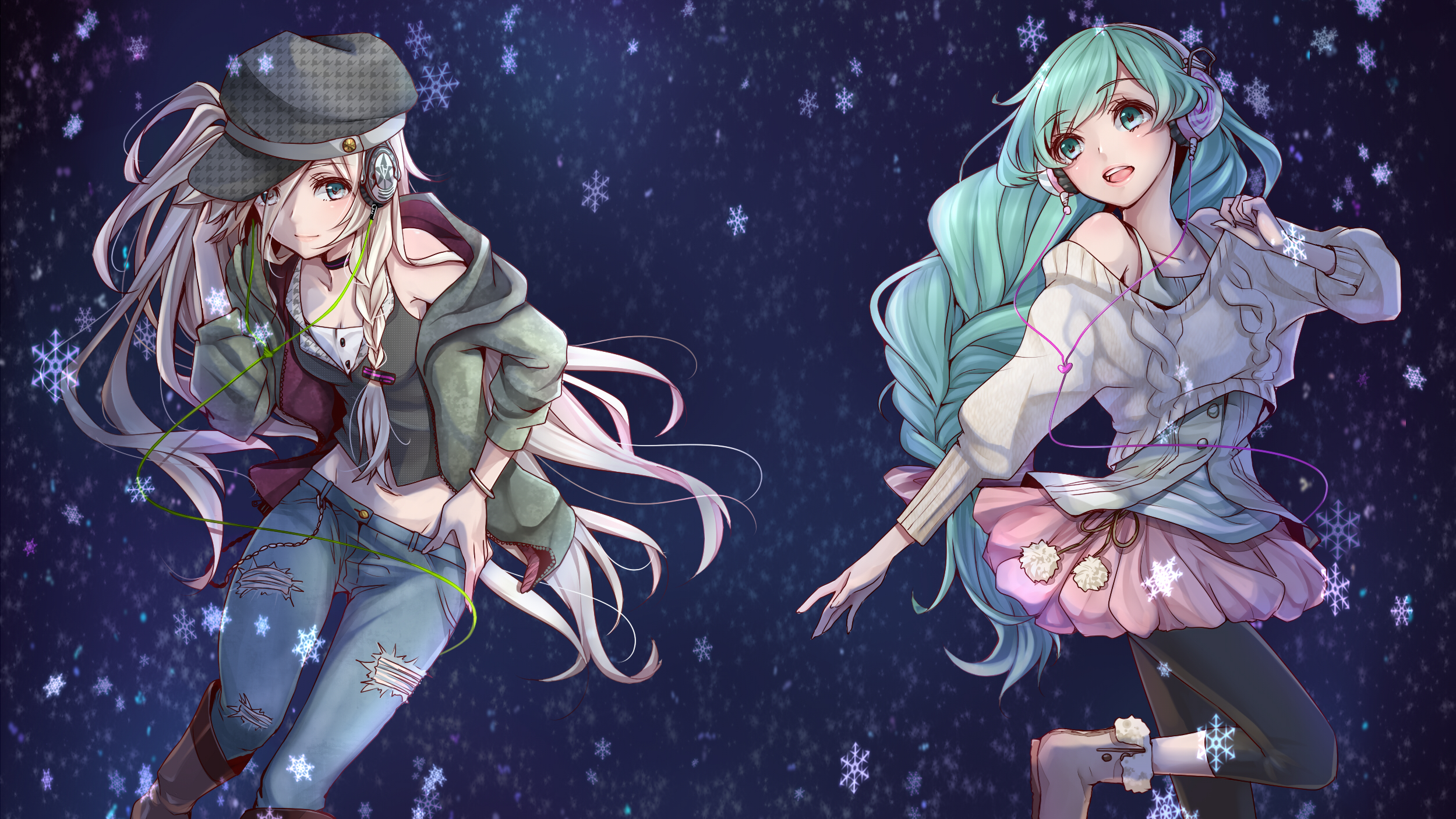 boots, Hat, Hatsune, Miku, Headphones, Ia, Long, Hair, Masami, Chie, Snow, Vocaloid Wallpaper