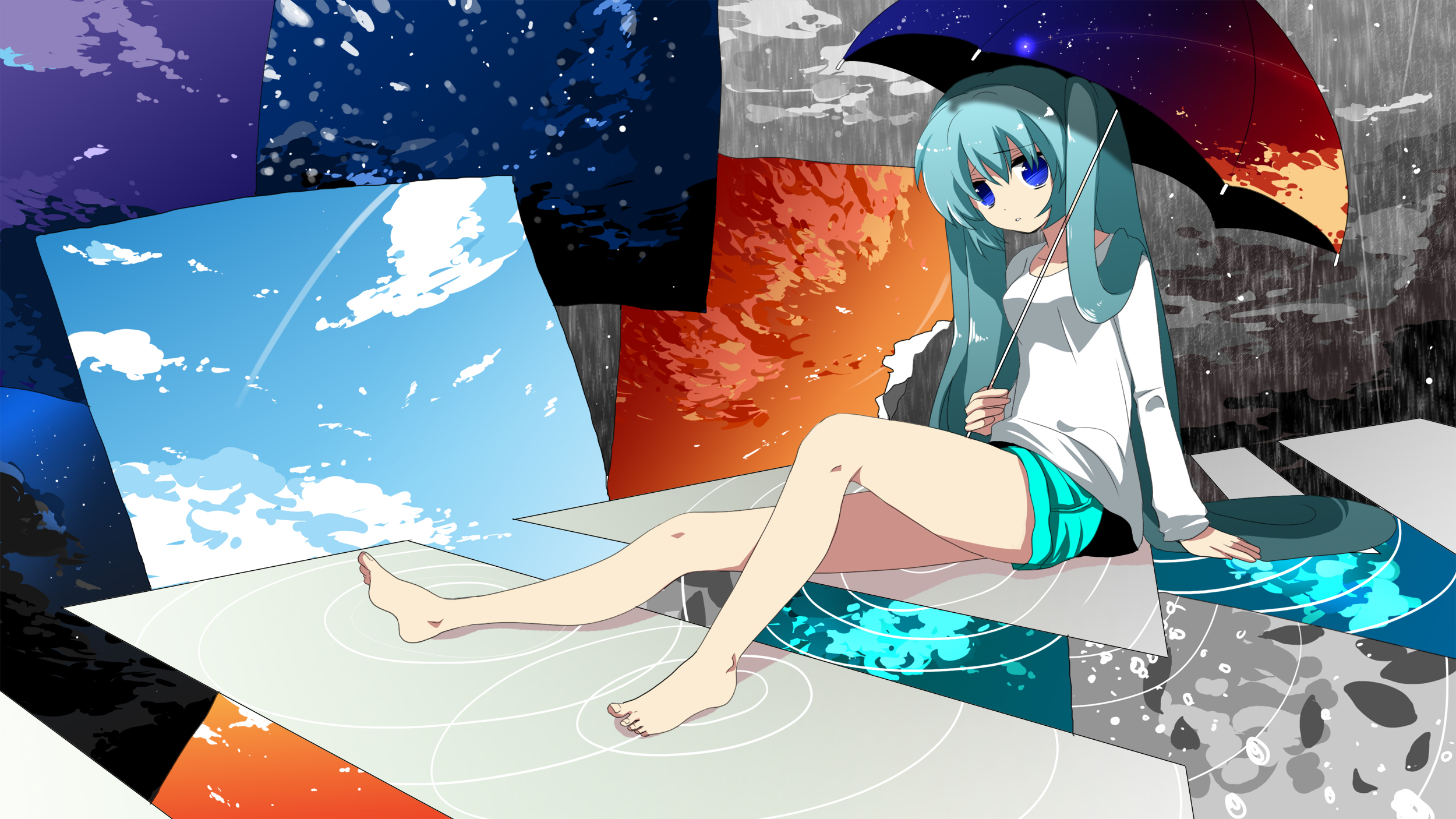 bubbles, Hatsune, Miku, Long, Hair, Marirero, A, Shorts, Twintails, Umbrella, Vocaloid, Water Wallpaper