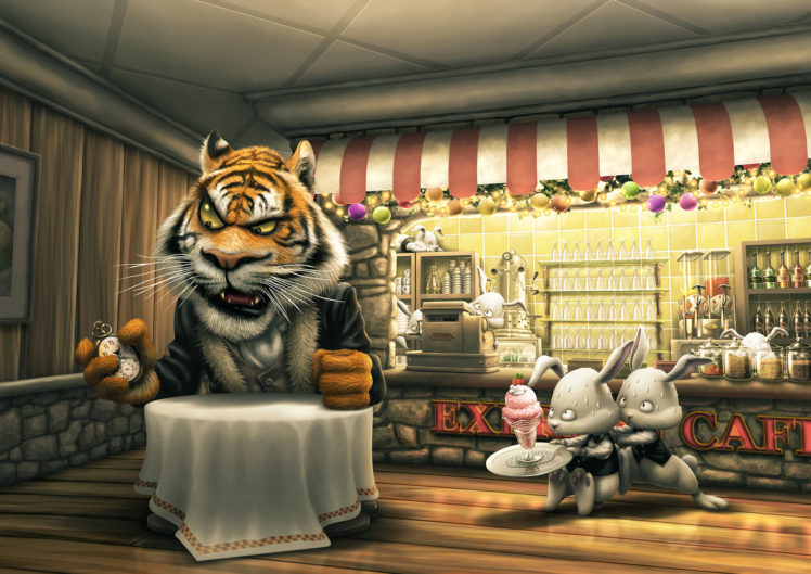 tiger, Rabbit, The, Customer, A, Cafe, A, Table, Order, Ice, Cream, Watches, Cash, Waiters, Late HD Wallpaper Desktop Background