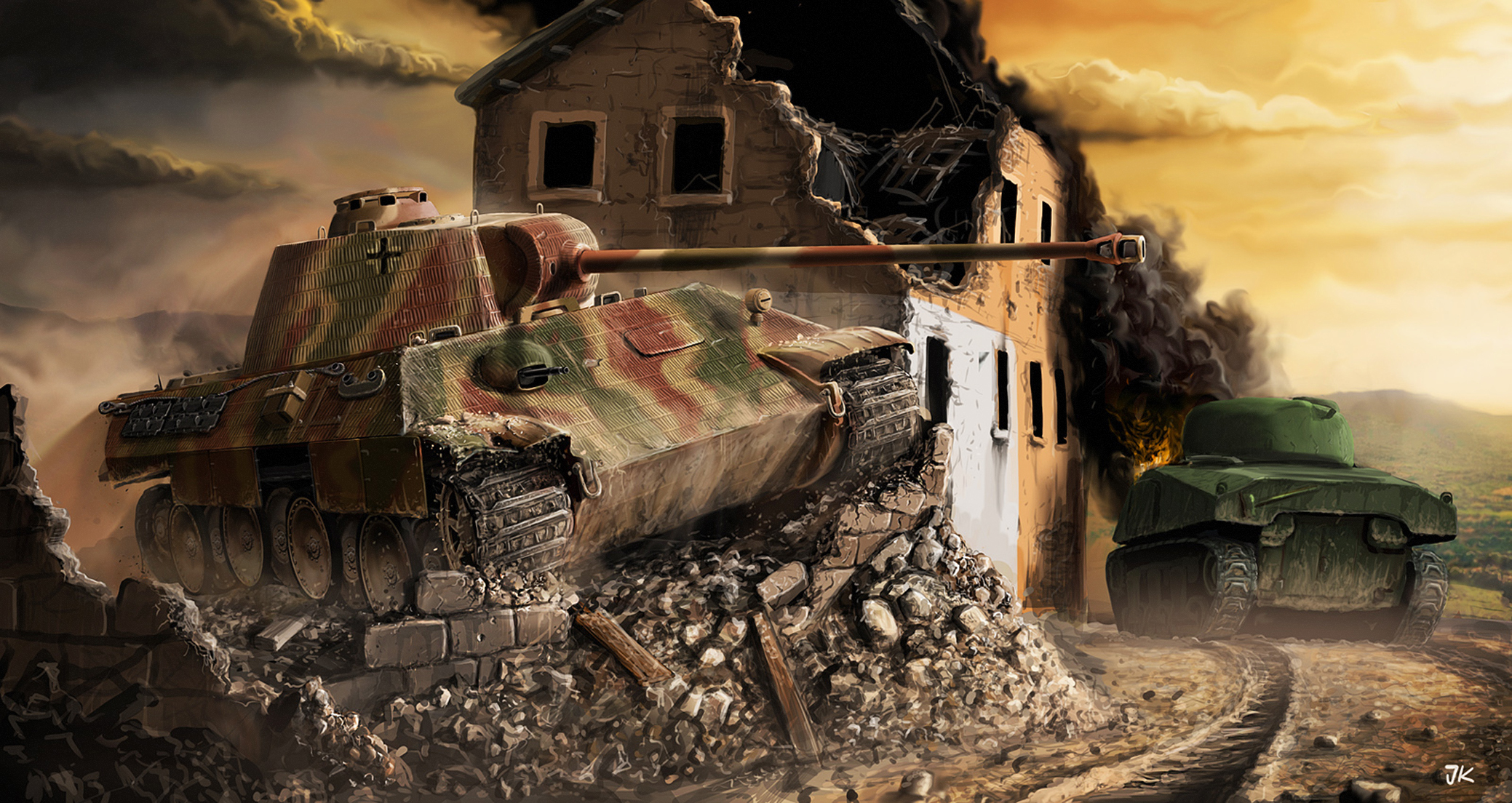 world, Of, Tanks, Tanks, Ruins, Painting, Art, Panther, Sherman Wallpaper