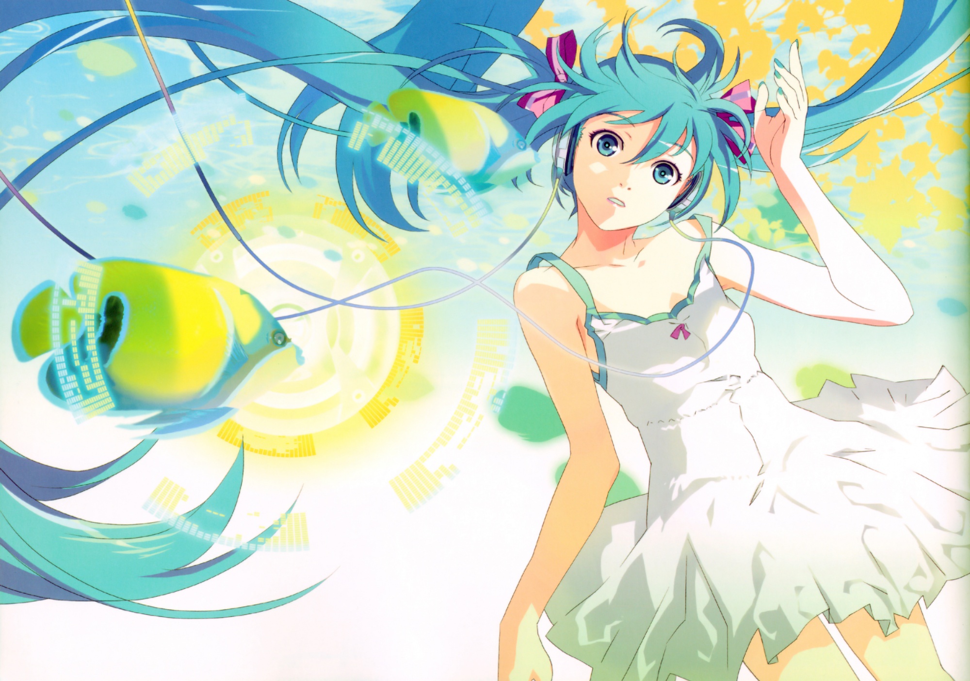 blue, Eyes, Blue, Hair, Dress, Hatsune, Miku, Headphones, Long, Hair, Twintails, Vocaloid Wallpaper