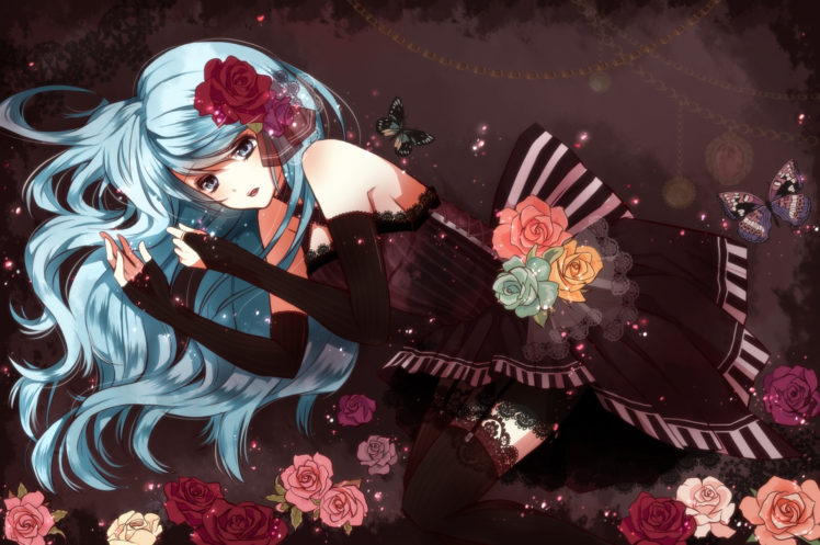 aqua, Eyes, Aqua, Hair, Butterfly, Dress, Flowers, Hatsune, Miku, Tsukumo, Vocaloid HD Wallpaper Desktop Background