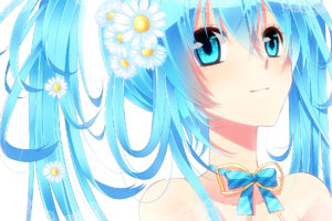 blue, Eyes, Blue, Hair, Bow, Close, Flowers, Hatsune, Miku, Vocaloid, White, Yunxko