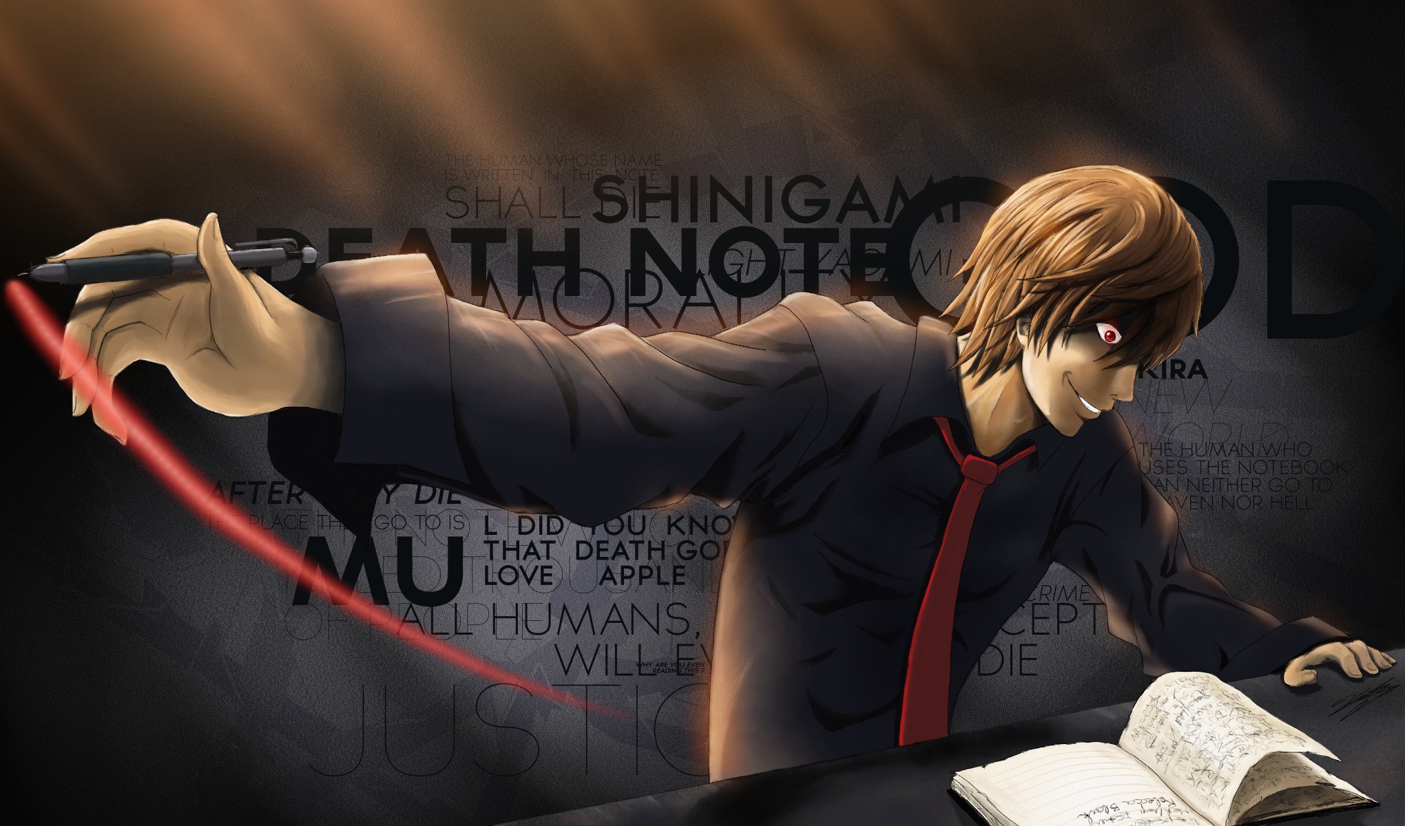 brown, Hair, Death, Note, Red, Eyes, Shirt, Tie, Yagami, Light Wallpaper