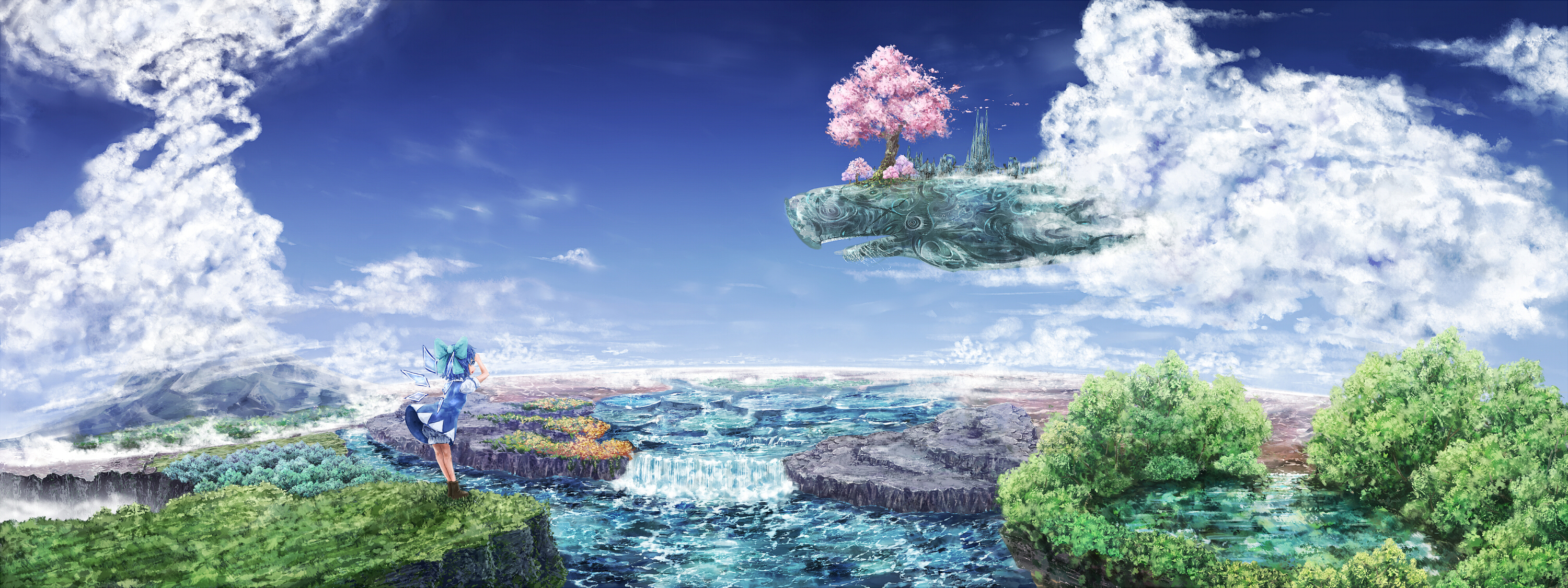 bloomers, Bow, Cherry, Blossoms, Cirno, Clouds, Dress, Forest, Landscape, Petals, Same, Scenic, Sky, Touhou, Tree, Water Wallpaper