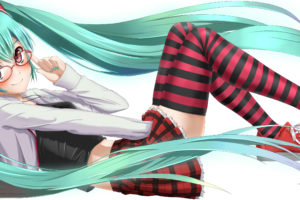 blush, Glasses, Hatsune, Miku, Headphones, Long, Hair, Project, Diva, Red, Eyes, Skirt, Takebi, Thighhighs, Twintails, Vocaloid, White