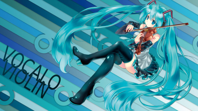 aqua, Hair, Blue, Eyes, Hatsune, Miku, Long, Hair, Thighhighs, Tie, Twintails, Uemoto, Masato, Violin, Vocaloid HD Wallpaper Desktop Background