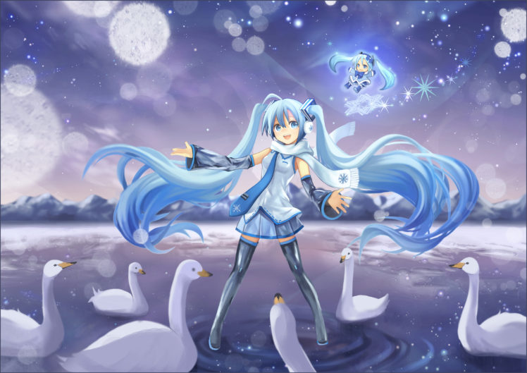 blue, Eyes, Blue, Hair, Chibi, Dress, Hatsune, Miku, Kari, Kenji, Snow, Twintails, Vocaloid, Yuki, Miku HD Wallpaper Desktop Background