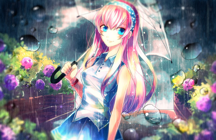 blue, Eyes, Dress, Flowers, Megurine, Luka, Pink, Hair, Rain, Sazanami, Shione, Umbrella, Vocaloid HD Wallpaper Desktop Background