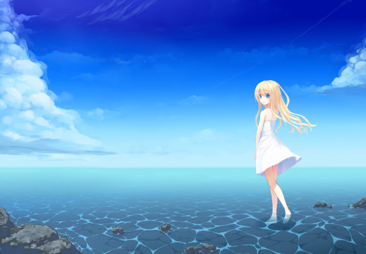 blonde, Hair, Blue, Eyes, Clouds, Dress, Original, Sky, Uttt, Water HD Wallpaper Desktop Background
