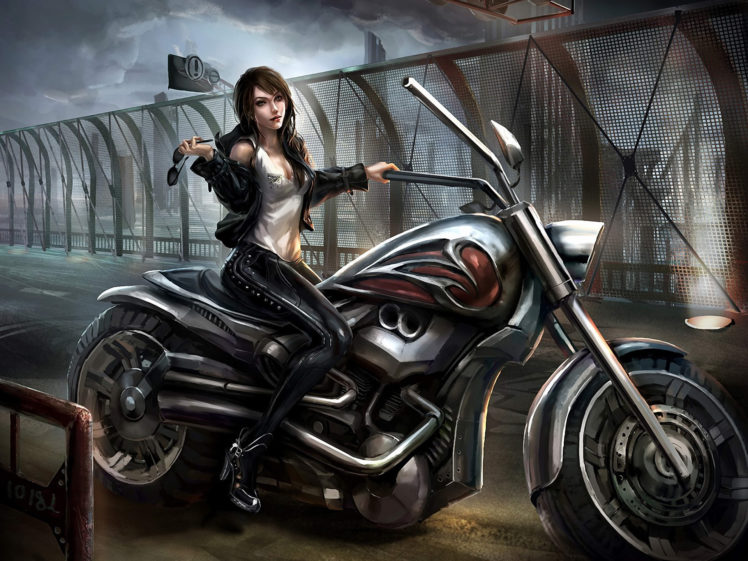 art, Girl, Motorcycle, Goggles, Latex, Bridge, Girls, Original HD Wallpaper Desktop Background