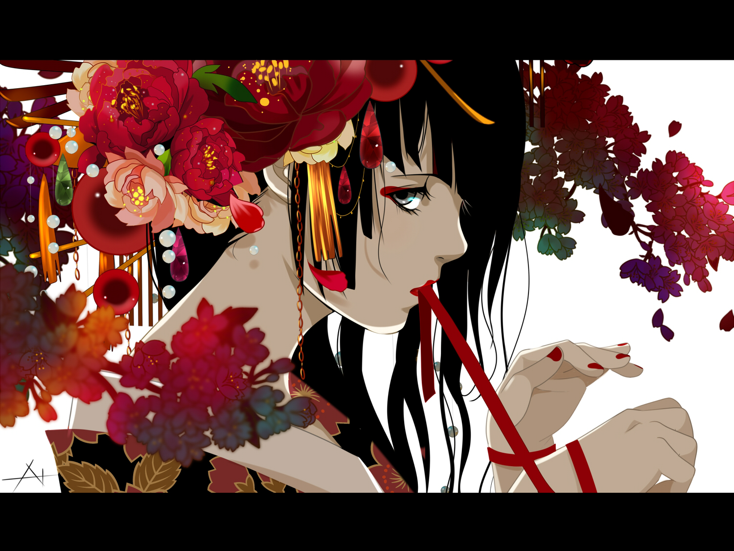 original, Black, Eyes, Black, Hair, Flowers, Japanese, Clothes, Kimono, Nanasie Wallpaper