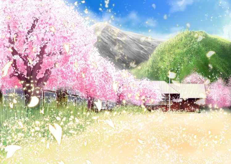 original, Building, Cherry, Blossoms, Grass, Landscape, Original, Petals, Scenic, Sylphidehachioji, Tree HD Wallpaper Desktop Background
