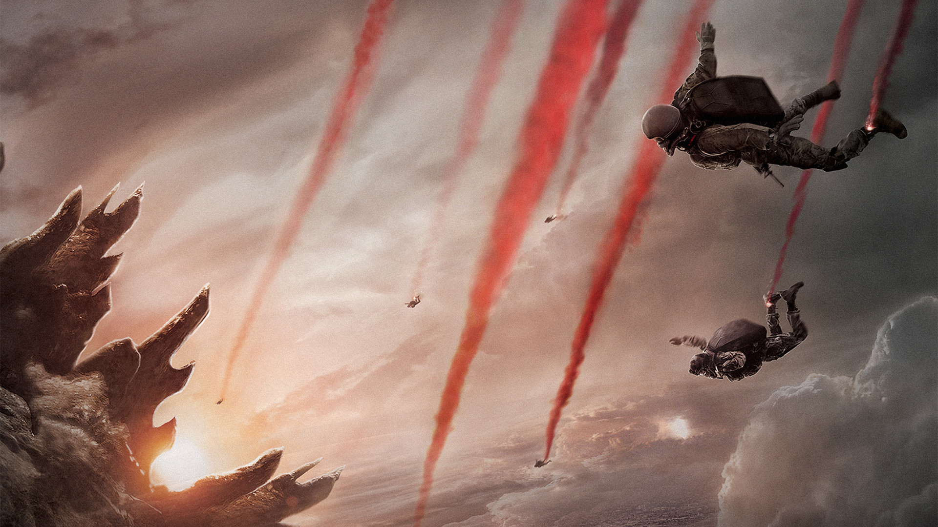 godzilla, Skydive, Soldiers, Paratroopers, Smoke, Sunlight, Dinosaur Wallpaper