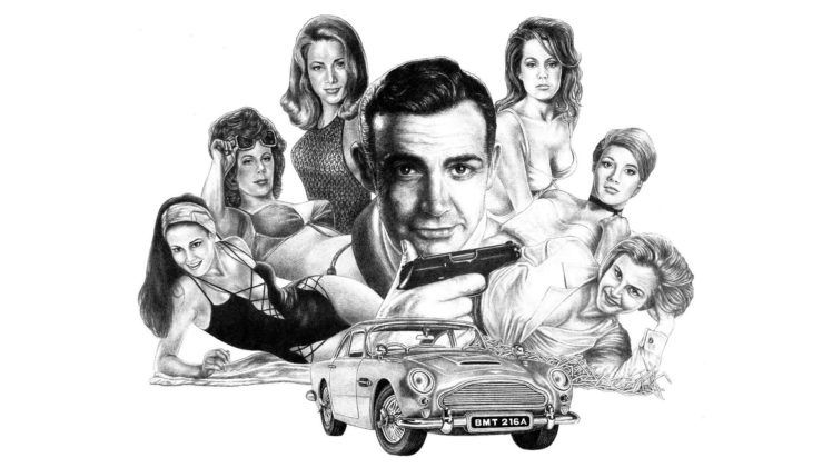007, James, Bond, Aston, Marin, Drawing, Bw, White, Sean, Connery HD Wallpaper Desktop Background