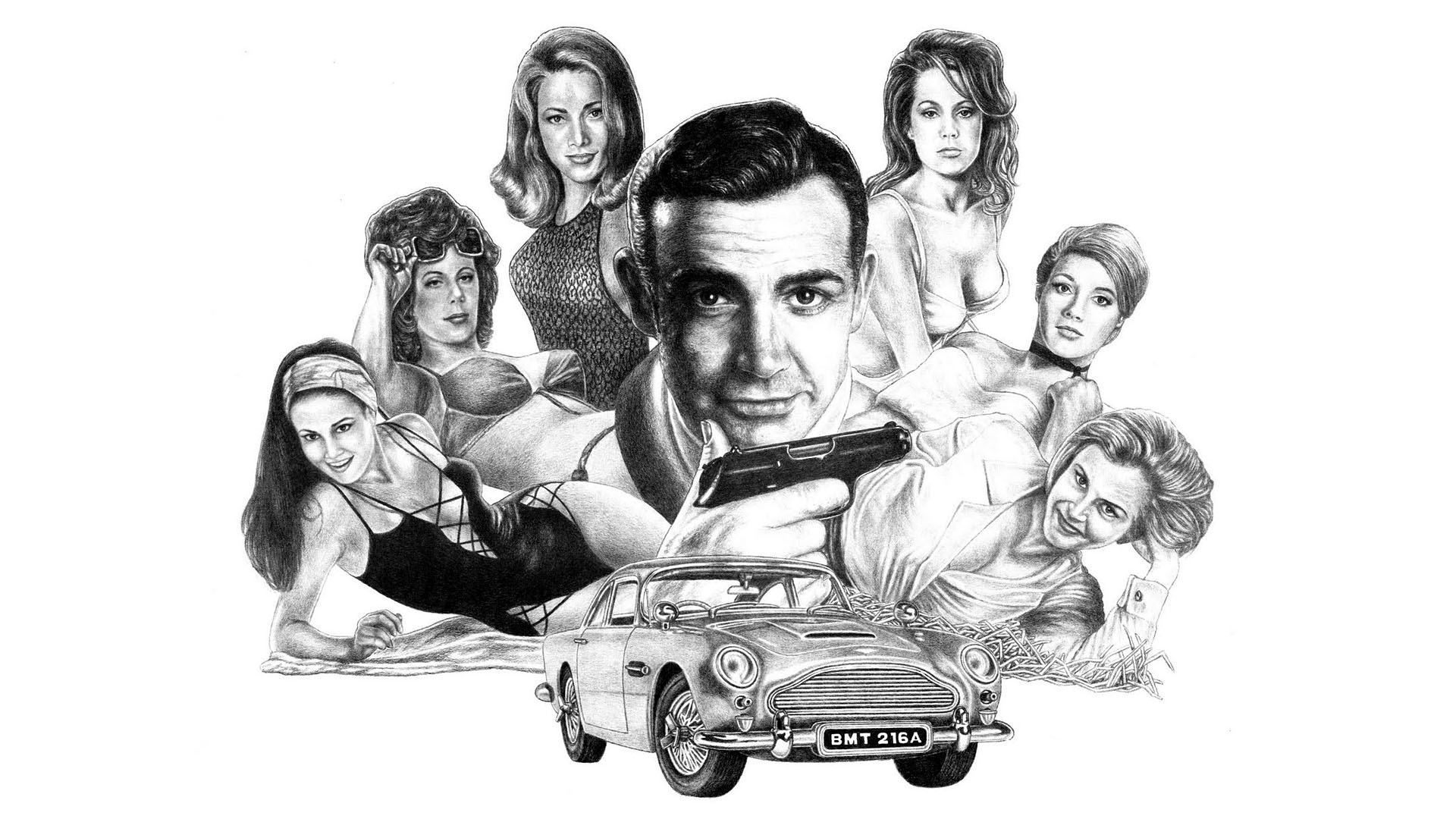 007, James, Bond, Aston, Marin, Drawing, Bw, White, Sean, Connery Wallpaper
