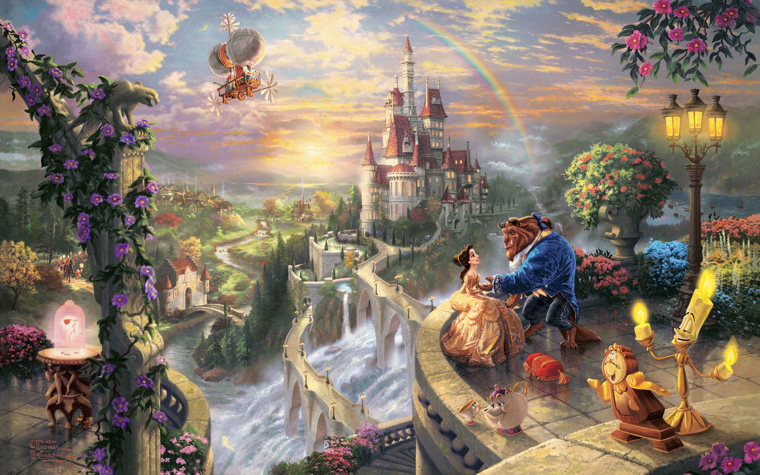 love, Disney, Company, Castles, Movies, Fantasy, Art, Beast, Magic, Rainbows, Vehicles, Airship, Villages, Thomas, Kinkade, Waterfalls, Fairy, Tales, Beauty, And, The, Beast Wallpaper