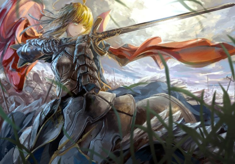 blondes, Fate stay, Night, Knights, Grass, Weapons, Green, Eyes, Armor, Short, Hair, Type moon, Warriors, Capes, Saber, Fate zero, Skyscapes, Swords, Fate, Series HD Wallpaper Desktop Background